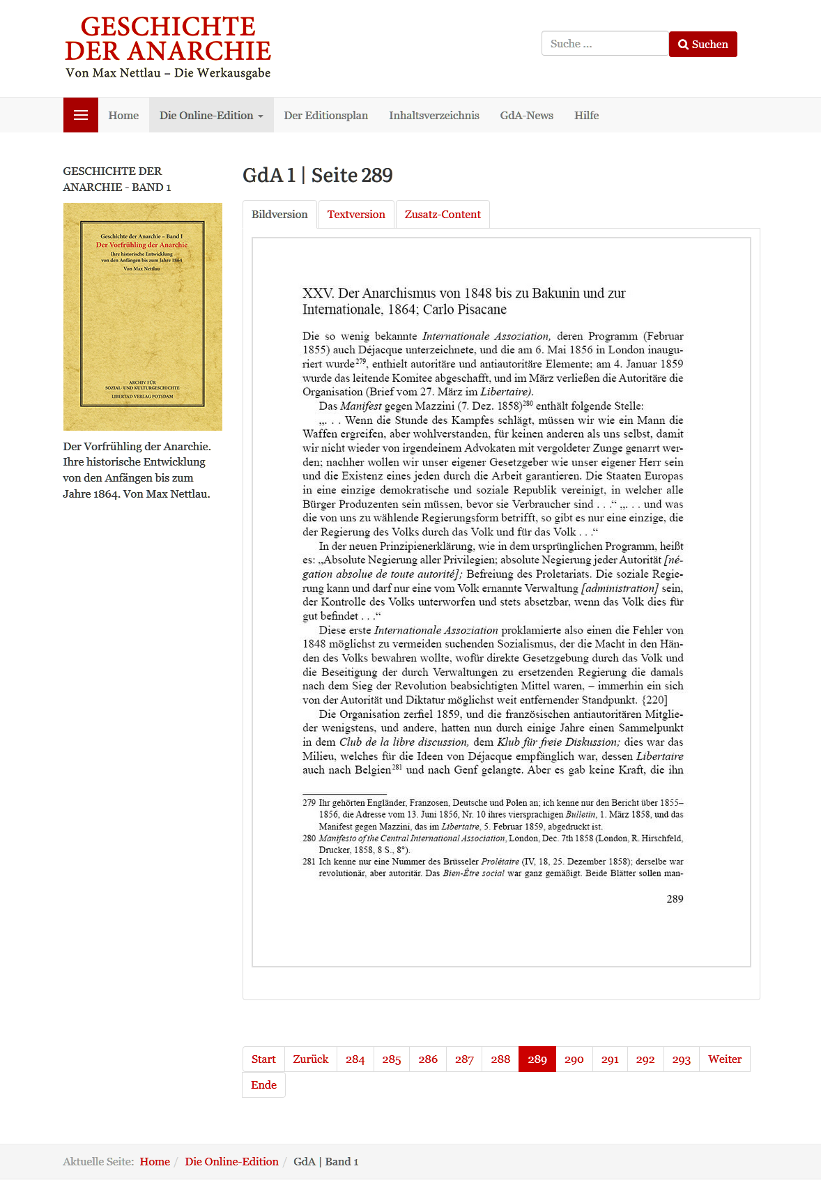 Beispielseite der Onlineausgabe der "Geschichte der Anarchie" von Max Nettlau (Großdarstellung des Screenshots per Mausklick!)